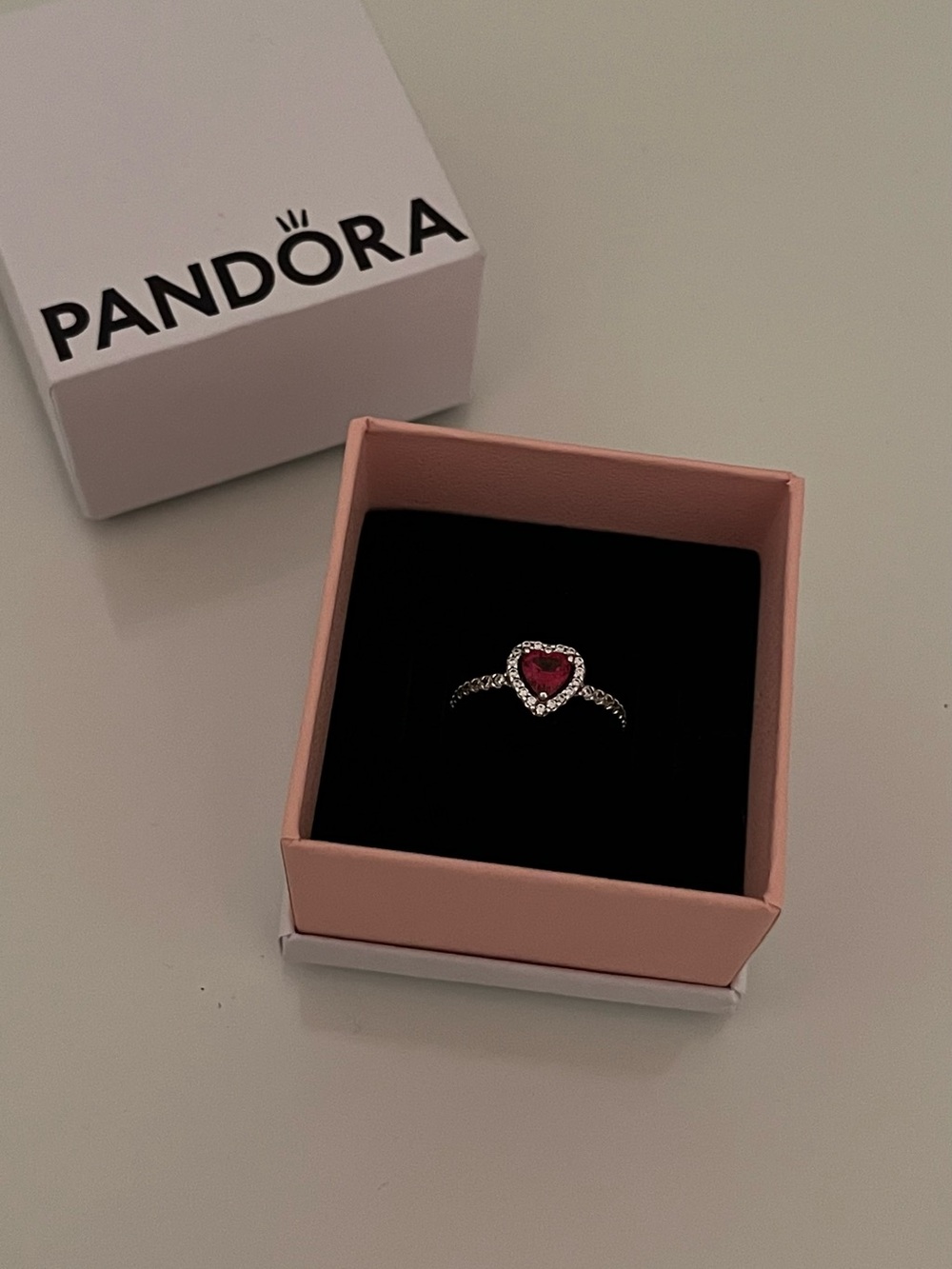 Pandora Silver Ring with Pink Heart and Clear Accents